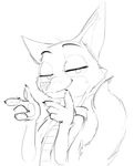  anthro black_and_white canine clothed clothing disney dotkwa fox half-closed_eyes looking_at_viewer male mammal monochrome nick_wilde pointing simple_background sketch smile smirk solo zootopia 
