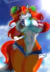  &lt;3 2016 anthro aurora_spencer big_breasts bikini breasts canine clothed clothing cloud cutoffs day denim_shorts female fox fur green_eyes hair huge_breasts looking_at_viewer mammal open_mouth orange_fur outside red_hair shorts sky smile solo sun superbabsy123 swimsuit underwear undressing 