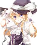 :d alternate_eye_color bad_id bad_pixiv_id blonde_hair blue_eyes bow braid breasts grin hands_on_headwear hat hat_bow kirisame_marisa long_hair open_mouth pointing pointing_up purple_eyes signature single_braid small_breasts smile solo touhou underbust varyu white_bow witch_hat 