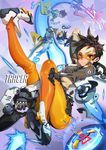  arm_up ass bangs bodysuit bomber_jacket breasts brown_eyes brown_hair character_name dual_wielding gloves goggles gun handgun harness highres holding holding_weapon jacket looking_at_viewer medium_breasts mhk_(mechamania) orange_bodysuit overwatch short_hair smile solo spiked_hair tracer_(overwatch) weapon 