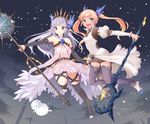  :d arm_warmers bare_shoulders barefoot black_legwear blonde_hair blue_eyes crown dress granblue_fantasy hair_ornament highres holding holding_hands holding_staff io_euclase lily_(granblue_fantasy) looking_at_viewer multiple_girls open_mouth outdoors pointy_ears purple_eyes sayuco silver_hair smile spire staff thighhighs toeless_legwear toes twintails 