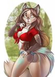  5_fingers anthro breasts brown_eyes brown_fur brown_hair butt canine clothed clothing detailed dog female fluffy fluffy_tail fur hair inner_ear_fluff long_hair mammal midriff pink_nose solo sorafoxyteils standing tan_fur wide_hips 
