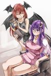  alternate_color_school_swimsuit bat_wings belly bespectacled book breasts closed_eyes commentary_request couple crescent crescent_hair_ornament glasses hair_ornament head_wings if_they_mated ips_cells koakuma large_breasts multiple_girls one-piece_swimsuit open_mouth patchouli_knowledge pregnant purple_eyes purple_hair red_hair school_swimsuit smile swimsuit touhou translated wings yohane yuri 