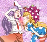  @_@ abstract_background american_flag_dress american_flag_legwear animal_ears blonde_hair blouse bunny_ears clownpiece commentary fairy_wings fire glowing glowing_eyes grin harusame_(unmei_no_ikasumi) hat hypnosis jester_cap long_hair mind_control multiple_girls neck_ruff necktie open_mouth pantyhose pink_eyes pink_skirt polka_dot power_connection puffy_short_sleeves puffy_sleeves purple_hair red_eyes red_neckwear reisen_udongein_inaba round_teeth shirt short_sleeves skirt smile smug star star_print striped sweat teeth torch touhou very_long_hair white_blouse white_shirt wings 