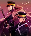  bayonet beard cloak facial_hair glasses golden_kamuy gradient gradient_background gun hat higebu_(higebu-cyo) kiroranke male_focus military military_uniform multiple_boys peaked_cap protected_link rifle scar simple_background sugimoto_saichi uniform weapon younger 