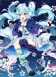  :o absurdly_long_hair blue_eyes blue_hair choker commentary_request dress fingerless_gloves floral_background frills fuyu_no_yoru_miku gloves gradient_hair hair_ornament hatsune_miku long_hair mismatched_legwear multicolored_hair nail_polish petals purple_hair shoes single_thighhigh solo striped striped_dress striped_legwear thighhighs twintails vertical-striped_legwear vertical_stripes very_long_hair vocaloid yakine 