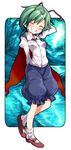  antennae arm_behind_back arm_behind_head arm_up blouse breasts buttons cape closed_eyes full_body green_hair harusame_(unmei_no_ikasumi) highres long_sleeves mary_janes medium_breasts red_footwear shoes short_hair shorts smile socks solo standing teeth touhou white_blouse white_legwear wriggle_nightbug 