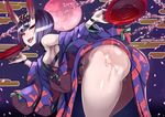  alcohol ass bad_id bad_twitter_id bent_over breasts cup egasumi eyebrows eyebrows_visible_through_hair fang fate/grand_order fate_(series) food fruit full_moon hair_ornament horns japanese_clothes kimono looking_at_viewer looking_back moon nuezou oni oni_horns purple_eyes purple_hair red_moon sakazuki sake short_hair shuten_douji_(fate/grand_order) sideboob small_breasts smile solo teeth thighs tongue tongue_out 