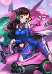  blush bodysuit breasts brown_eyes brown_hair bubble_blowing cannon chewing_gum closed_mouth clothes_writing d.va_(overwatch) facepaint gloves grey_gloves gun hand_on_own_cheek headgear heart heart-shaped_pupils highres holding holding_gun holding_weapon leaning_forward long_hair looking_at_viewer machinery mecha medium_breasts mhk_(mechamania) one_knee overwatch skin_tight smile solo symbol-shaped_pupils trigger_discipline weapon 