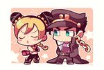  1girl artist_name black_hair blonde_hair box braid chain chibi crossed_arms double_bun father_and_daughter gakuran hands_in_pockets hat heart heart-shaped_box jojo_no_kimyou_na_bouken kotorai kuujou_jolyne kuujou_joutarou multicolored_hair navel school_uniform single_braid star two-tone_hair wristband 