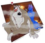  anthro blue_fur blush brown_fur canine crocdragon89 drake_(disambiguation) facial_hair fur goatee hair male male/male mammal nude sauna tattoo wolf 