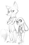  anthro black_and_white canine clothed clothing disney dotkwa duo female fox half-closed_eyes judy_hopps lagomorph looking_at_viewer male mammal monochrome nick_wilde rabbit simple_background sketch standing zootopia 