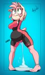  2016 absurd_res amy_rose anklet anthro argento black_nose blue_background blush breasts camel_toe clothed clothing cum cum_inflation female green_eyes hair hedgehog hi_res hindpaw inflation jewelry looking_up mammal paws pink_hair short_hair simple_background solo sonic_(series) standing teeth thick_thighs tight_clothing zipper 