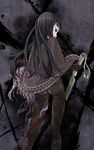  ass back_turned black_hair bodysuit from_behind hatchet long_hair looking_at_viewer looking_back mask pale_skin poncho red_eyes see-through shin_megami_tensei shin_megami_tensei_iv shin_megami_tensei_iv_final solo toki_(shin_megami_tensei_iv_final) white-light 