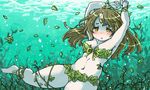  afloat air_bubble arms_up barefoot bikini blush bound bound_wrists breath brown_hair bubble freediving green_bikini highres holding_breath leaf leaf_bikini long_hair mochizuki_usagi navel ocean original seaweed swimming swimsuit tangle underwater yellow_eyes 