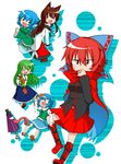  &gt;_&lt; :3 :d animal_ears bare_shoulders blank_eyes blue_eyes blue_hair blush boots bow breasts brown_hair cape closed_eyes closed_umbrella commentary_request cover fang geta green_hair hands_clasped high_collar highres imaizumi_kagerou jitome katsumi5o kochiya_sanae large_bow long_skirt looking_at_viewer medium_breasts mermaid monster_girl multiple_girls open_mouth own_hands_together paint paint_splatter pleated_skirt red_eyes red_hair sekibanki skirt smile splatoon_(series) splatoon_1 splattershot_(splatoon) super_soaker sweat tail tatara_kogasa thinking touhou umbrella wakasagihime water_gun wolf_ears wolf_tail x_x xd 