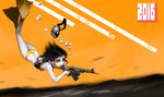  2016 aps_rifle assault_rifle bad_id bad_pixiv_id bikini brown_eyes brown_hair bubble diving_mask diving_regulator flippers full_body gun holding holding_gun holding_weapon machine_gun mamushi number orange_background original oxygen_tank rifle scuba scuba_tank solo swimsuit weapon yellow_bikini 