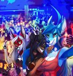  5_fingers amber_eyes anthro armpits black_hair black_nose blue_eyes blue_fur blue_hair blue_nose breasts brown_eyes brown_fur canine clothed clothing female fox fur group hair inner_ear_fluff mammal navel rave red_fur selfie smile sora sorafoxyteils tan_fur teeth tongue white_hair wolf 