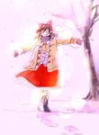  blush boots breath closed_eyes coat cross-laced_footwear footprints full_body fur-trimmed_boots fur_boots fur_trim gloves hakurei_reimu lace-up_boots no_nose open_mouth outstretched_arms smile snow_boots snowing solo touhou yonu_(yonurime) 