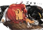  1girl animal_hat bone braid dark_skin fang frills hat lupusregina_beta maid overlord_(maruyama) puffy_sleeves red_hair sleeping solo twin_braids yang-do 