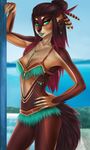  2016 5_fingers anthro black_nose clothed clothing detailed_background diya ear_piercing etskuni eyebrows eyelashes feathers female fluffy fluffy_tail fur gradient_hair hair looking_at_viewer mammal midriff navel outside piercing pink_hair pose red_hair red_panda skimpy solo standing tan_fur wide_hips 