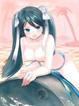  absurdres bare_shoulders blue_eyes blush breasts cleavage collarbone commentary_request drum_(container) green_eyes hair_ribbon harukana_(harukana_10) highres isuzu_(kantai_collection) kantai_collection large_breasts long_hair looking_at_viewer open_mouth ribbon solo straddling swimsuit teeth twintails untied wardrobe_malfunction water white_ribbon 