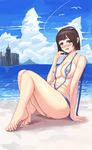  1girl areolae beach blue_eyes blush breasts brown_hair feet full_body looking_at_viewer mei_(overwatch) nipples nude open_mouth orchid_candy overwatch pussy short_hair sitting solo toes water 