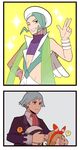  2koma 3boys ? aqua_hair comic covering_eyes fabulous gojya gym_leader hair_ribbon haruka_(pokemon) mikuri_(pokemon) multiple_boys one_eye_closed pokemon pokemon_(game) pokemon_oras ribbon short_hair silent_comic silver_hair sleeveless sparkle spoken_question_mark tsuwabuki_daigo two_side_up yuuki_(pokemon) 