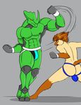  2016 abs anthro arthropod balls beetle bloopa boxing boxing_gloves butt clothing digital_media_(artwork) feline fight hair horn insect jockstrap mammal muscular punch screaming simple_background size_difference sport underwear wrestling 