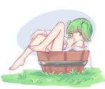  bangs bare_legs bare_shoulders barefoot bucket grass green_eyes green_hair hair_bobbles hair_ornament highres kisume looking_at_viewer short_twintails solo touhou twintails wooden_bucket yoruny 