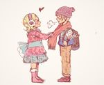  1boy 1girl backpack blonde_hair boots bow brother_and_sister dress earmuffs fur_trim hat one_piece sanji scarf siblings sweater vinsmoke_family vinsmoke_reiju younger 