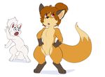  anthro bulge canine digitigrade duo eroborus featureless_crotch fox front_view hands_on_hips kitsune_(ero) looking_up male mammal navel nude open_mouth surprise wide_eyed 