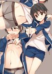  2015 black_hair blush boyshorts brown_eyes dated flat_chest gin_(ginshari) gym_shorts gym_uniform interlocked_fingers jacket multiple_views navel nipples original shirt shirt_lift short_hair shorts shorts_pull stretch tomboy track_jacket 