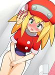  blonde_hair blush cabbie_hat caught covering embarrassed gloves green_eyes harubato hat highres long_hair rockman rockman_dash roll_caskett solo toilet_use 