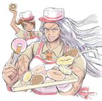  apron arm_up asahina_aoi blue_eyes brown_hair danganronpa danganronpa_1 doughnut eating employee_uniform food hair_ornament hairclip hat long_hair mm-mb multiple_girls muscle necktie oogami_sakura orange_neckwear scar simple_background tongs tray uniform white_background white_hair 