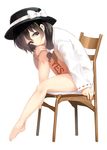  bare_legs barefoot black_hair black_hat blush body_writing bow brown_eyes chair commentary_request full_body hair_bow hat hat_bow highres hota leg_hug long_sleeves looking_at_viewer no_pants ribbon-trimmed_sleeves ribbon_trim shirt short_hair sitting smile solo touhou usami_renko white_background white_bow white_shirt yes 