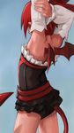  bat_wings belt cosplay cowboy_shot demon_girl demon_tail detached_sleeves disgaea etna fate/grand_order fate_(series) frills from_behind helena_blavatsky_(fate/grand_order) helena_blavatsky_(fate/grand_order)_(cosplay) highres nail_polish paintrfiend pink_nails pointy_ears red_hair short_hair solo strapless stretch tail white_sleeves wings 