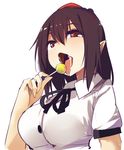  black_hair black_ribbon blush breasts buttons candy collared_shirt food from_below hair_between_eyes hat holding holding_food kamukamu_(ars) large_breasts licking lollipop looking_at_viewer looking_down pointy_ears red_eyes red_hat ribbon saliva sexually_suggestive shameimaru_aya shirt short_hair short_sleeves solo sweets tokin_hat tongue tongue_out touhou upper_body uvula white_shirt wing_collar 