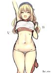  1girl ^_^ atago_(kantai_collection) blonde_hair eyes_closed female kantai_collection long_hair navel simple_background solo standing_on_one_leg tamako_(ei_niku) underboob upper_body white_background 