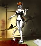  anthro biped blood blood_stains breasts claws clothed clothing cover detailed_background fangs feline female floor fur hair haircut halfbreed inviting make-up mammal monochrome night_dress nipples panties pillow plejman robe saber-toothed_cat sher solo stripes underwear 