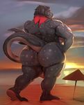  animal_genitalia anthro barefoot beach biceps black_hair butt detailed_background feline fish hair hand_on_butt hi_res hybrid invalid_tag justmegabenewell lion male mammal manly marine mature_male muscular muscular_male nude pose rear_view red_hair relaxing sand seaside shark solo standing sun_set umbrella 