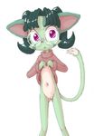  2016 anthro bottomless cat clothed clothing clothing_lift cub dipstick_tail dreamkeepers eyewear feline female fur glasses green_fur green_hair hair lilith_calah mammal multicolored_tail navel purple_eyes pussy sakuramoto shirt shirt_lift simple_background solo underwear white_background young 