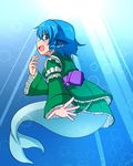  :d blue_eyes blue_hair blush bubble commentary_request drill_hair green_kimono head_fins japanese_clothes jpeg_artifacts katsumi5o kimono long_sleeves looking_at_viewer mermaid monster_girl obi open_mouth profile sash short_hair sideways_mouth smile solo sunlight touhou twin_drills underwater wakasagihime wide_sleeves 
