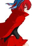  black_shirt blue_bow blush bow cape commentary_request covered_mouth from_side hair_bow hand_in_pocket high_collar katsumi5o long_sleeves looking_at_viewer profile red_eyes red_hair red_skirt sekibanki shirt short_hair skirt solo touhou upper_body 