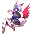  1girl ankle_boots bird_wings black_skirt blue_bow blue_hair blush boots bow brown_footwear closed_mouth frilled_skirt frills full_body gla hand_up head_wings highres horns invisible_chair knees_together_feet_apart long_sleeves looking_at_viewer multicolored_hair puffy_sleeves red_eyes red_wings ribbon-trimmed_sleeves ribbon_trim short_hair single_head_wing sitting skirt slit_pupils smile solo tokiko_(touhou) touhou transparent_background two-tone_hair white_hair wide_sleeves wing_collar wings 