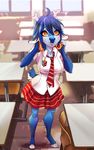  anthro blue_fur blue_hair blue_nose breasts cervine classroom deer eyelashes female freckles fur hair hi_res hooves inside looking_at_viewer mammal school sorafoxyteils standing young 