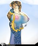  anthro areola bagelcollector big_breasts breasts clothing feline female huge_breasts hyper hyper_breasts looking_at_viewer mammal nipples simple_background slightly_chubby smile solo stripes tiger translucent transparent_clothing wide_hips 