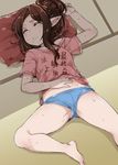  arm_up arulumaya barefoot brown_hair closed_eyes clothes_writing commentary_request drooling granblue_fantasy hair_bun hair_up hand_on_own_stomach harvin lying mole mole_under_eye mushi024 no_panties on_back on_floor parted_lips partially_visible_vulva pillow pointy_ears saliva shirt short_shorts shorts sleeping solo spread_legs sweat t-shirt tatami translation_request upshorts 