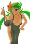  1girl apron areolae blush breasts green_eyes green_hair ladle leaning_forward long_hair looking_at_viewer mao_(pokemon) naked_apron nipples one-piece_tan open_mouth pokemon pokemon_sm simple_background small_breasts smile solo tanline white_background wink 