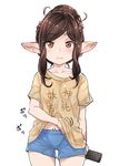  arulumaya brown_eyes brown_hair casual clothes_writing collarbone commentary_request controller cowboy_shot granblue_fantasy hair_bun hair_up hand_under_clothes hand_under_shirt harvin looking_at_viewer mole mole_under_eye mushi024 off_shoulder pointy_ears remote_control scratching shirt shorts sidelocks simple_background solo t-shirt translation_request white_background 